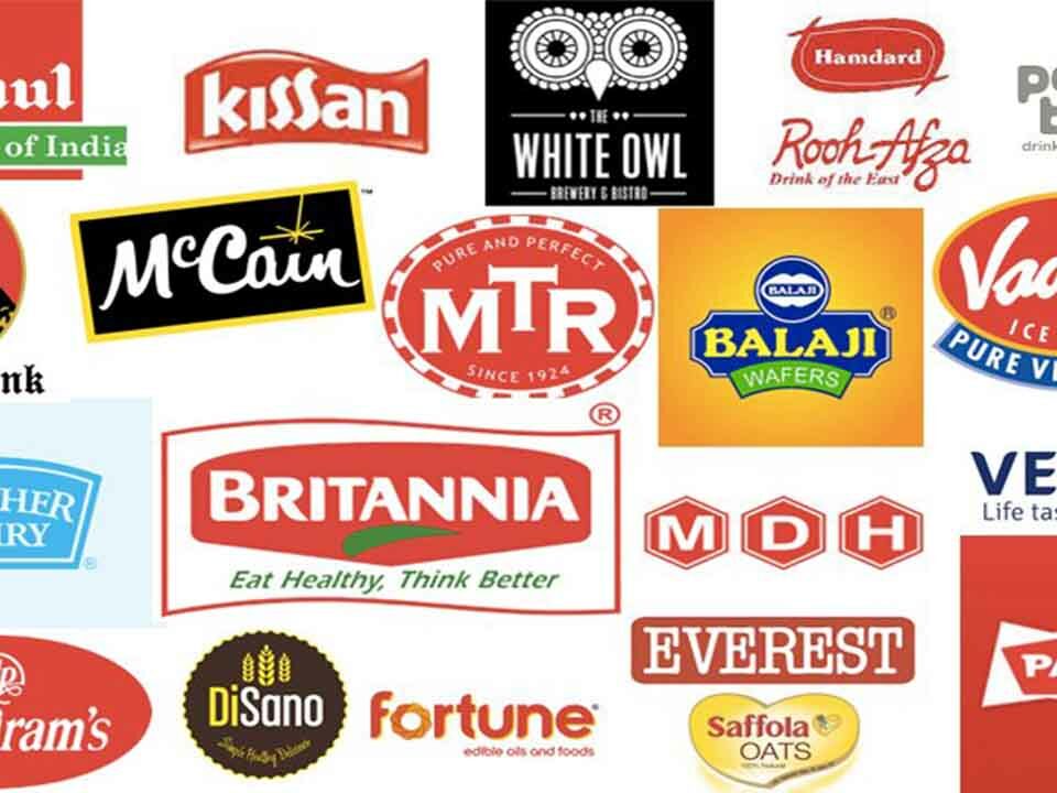 Logos of various Indian food brands displayed on a white background.