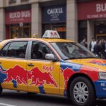 a taxi with an advertisement painted onto it