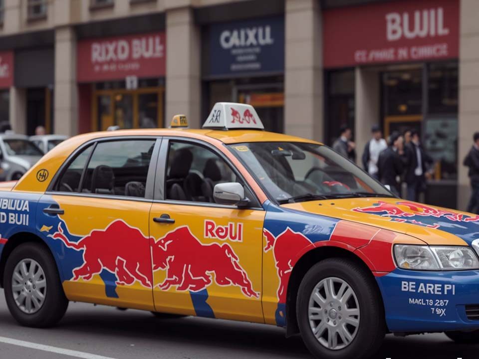 A taxi with an advertisement painted onto it