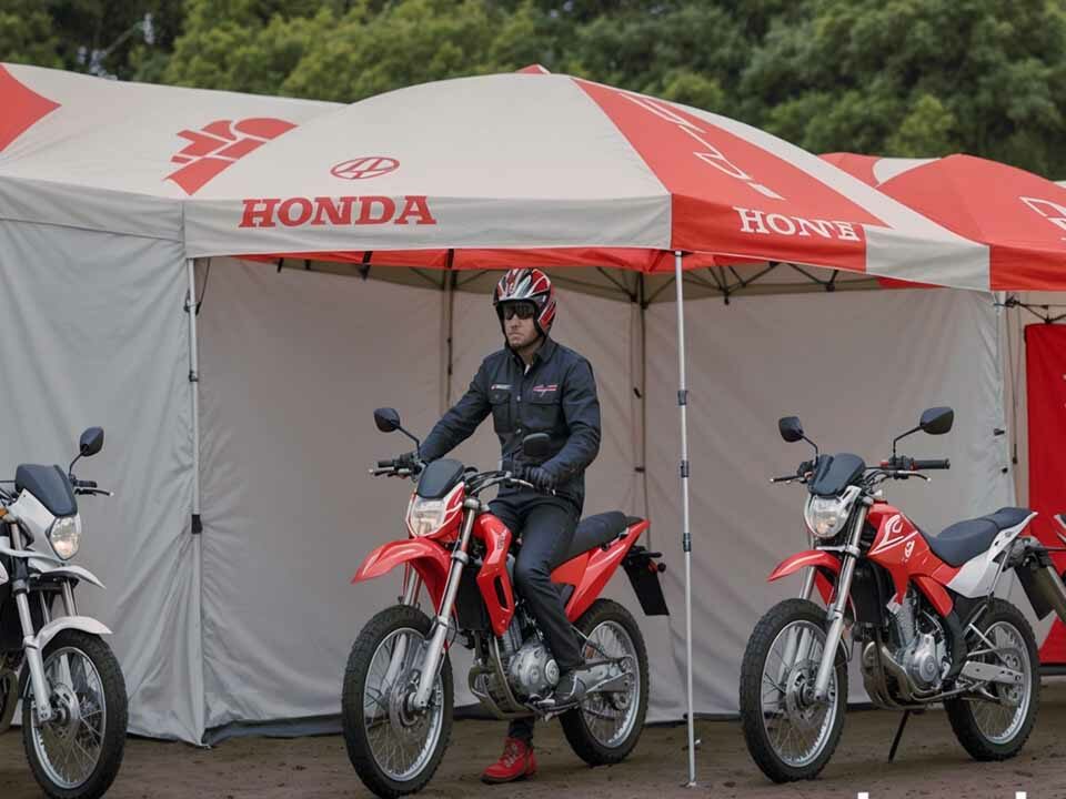 A man using a promotional Umbrella as a shed