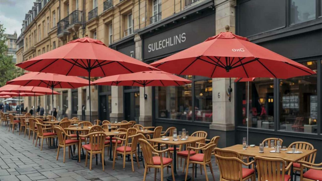 A Restaurant utilising tall Promotional Umbrellas to attract consumers
