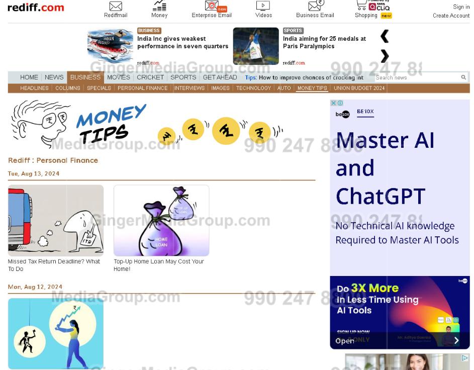 advertising in rediff website