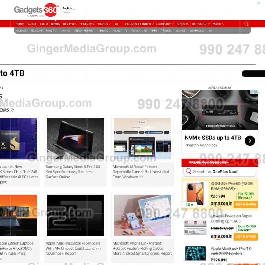 ndtv gadgets website advertising