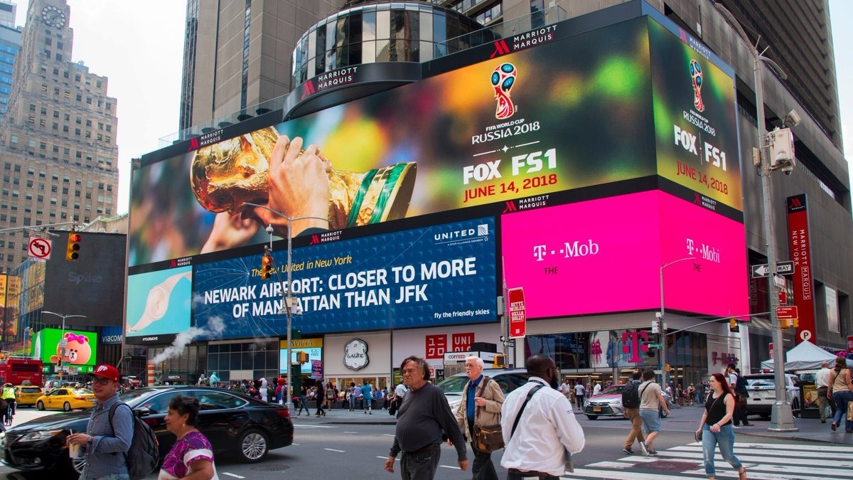 Large digital billboard in Times Square promoting the FIFA World Cup Russia 2018 broadcast on FOX and FS1.
