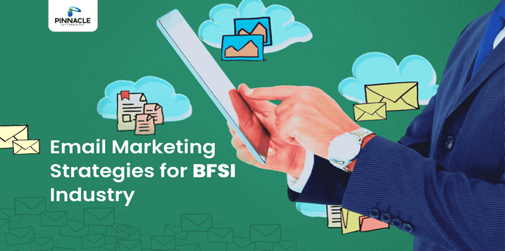 Email Marketing Strategies for BFSI Ind Email marketing strategies graphic for BFSI industry with tablet and icons