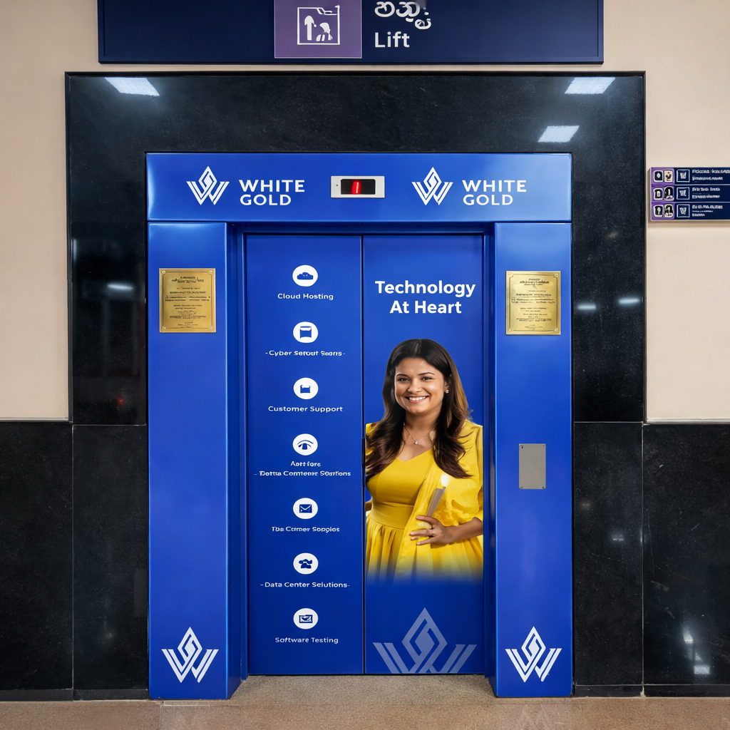 Elevator doors wrapped with White Gold branding and a woman in a yellow dress