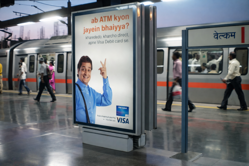 Visa debit card advertisement display on a metro platform with a train in the background