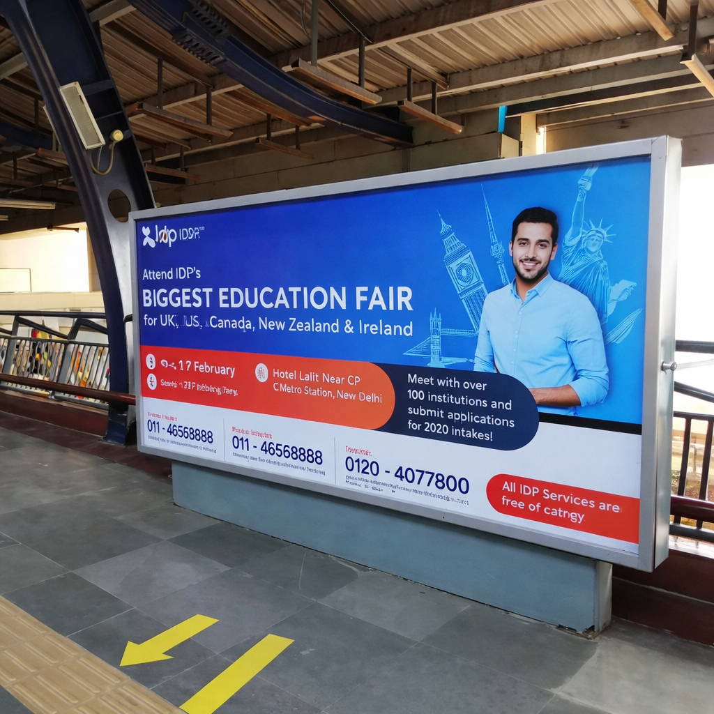Large blue billboard inside a metro station promoting an education fair with dates and contact details