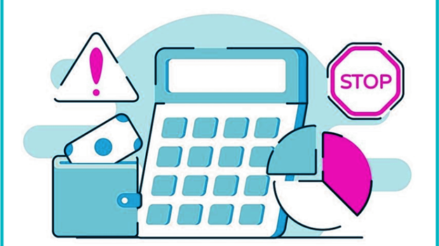 Illustration of calculator, wallet, and financial icons representing budgeting and cost control in marketing