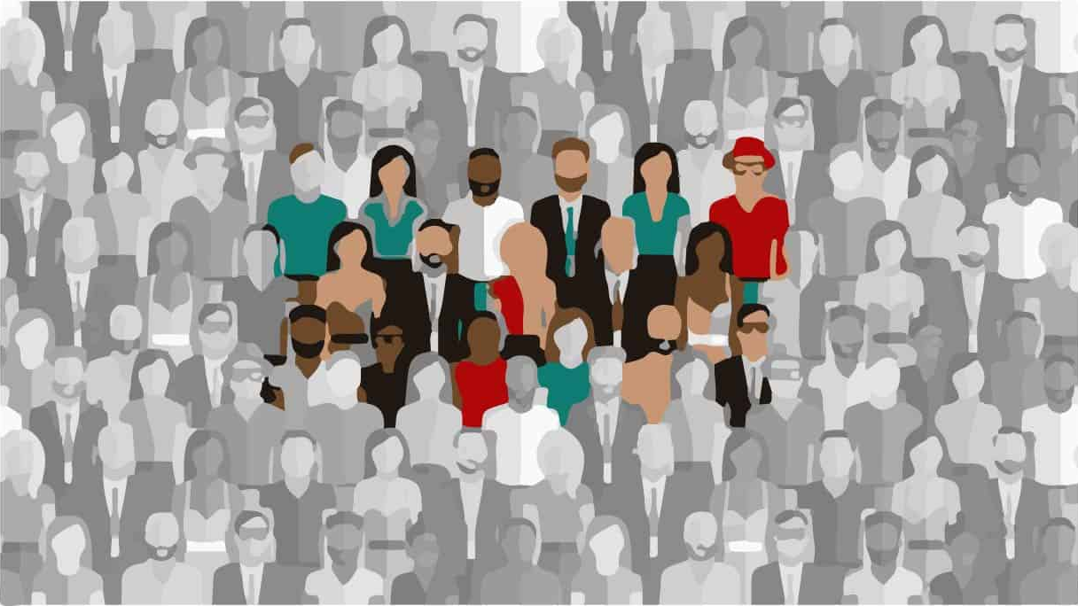 Illustration of diverse audience group highlighted among a grey crowd representing target audience segmentation