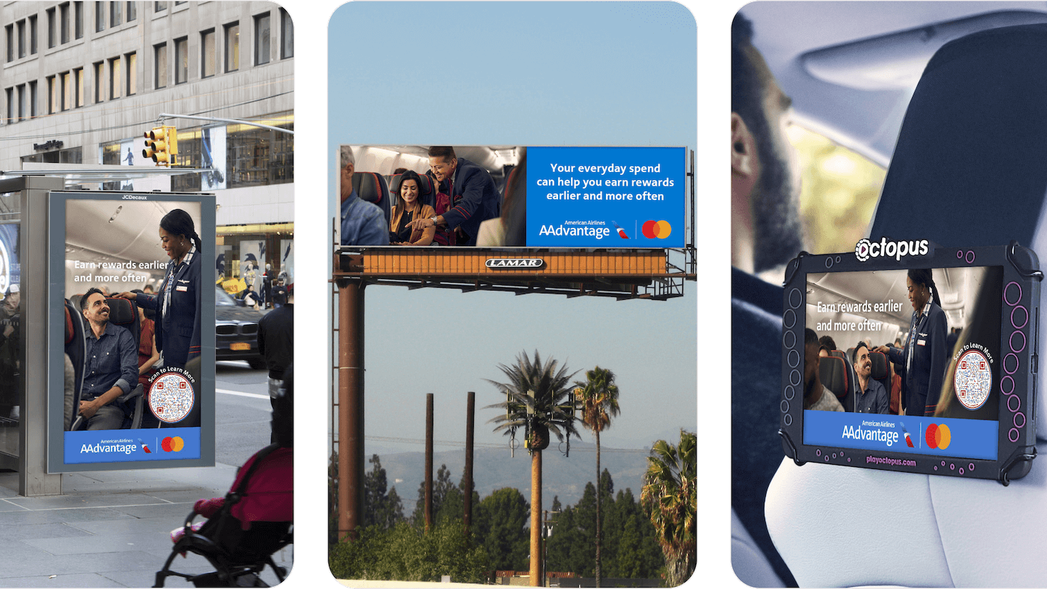 Examples of out-of-home advertising including bus shelter display, roadside billboard, and in-car digital screen ads