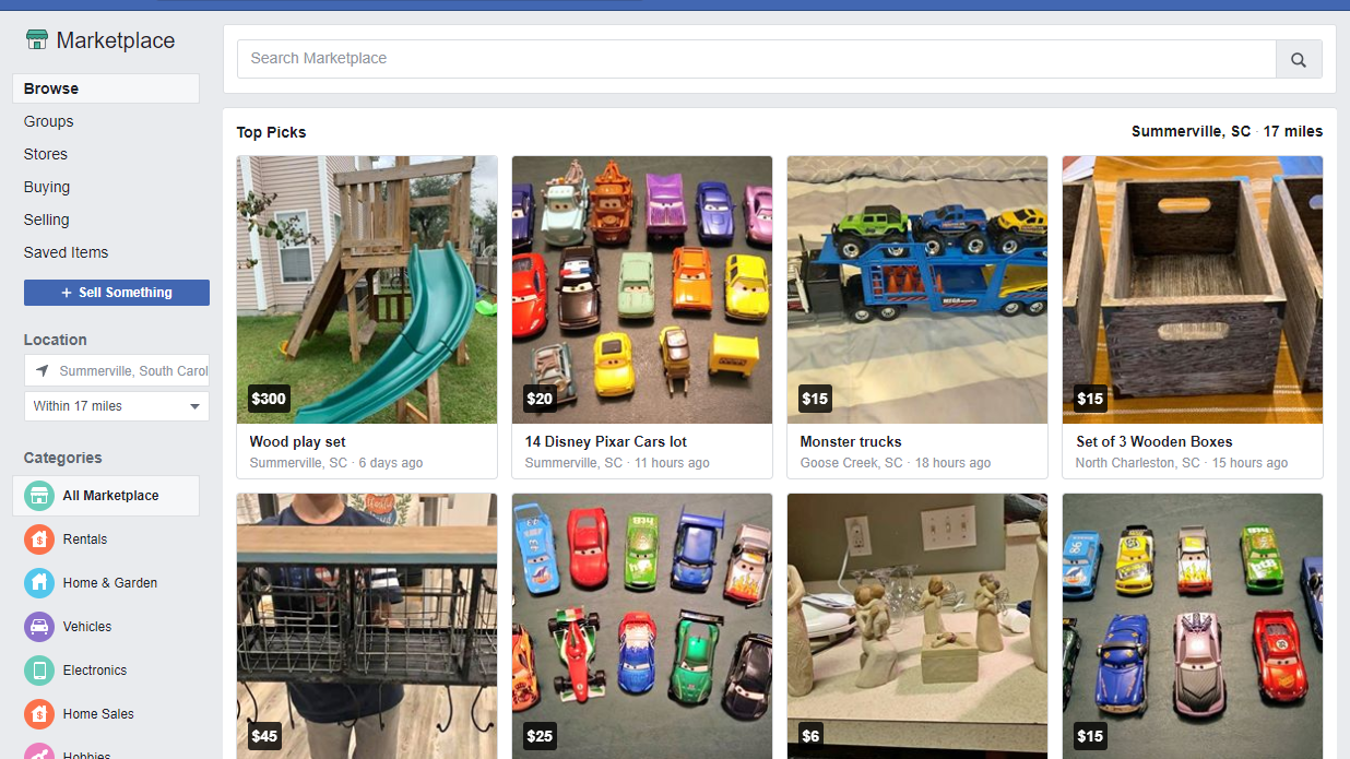 Facebook Marketplace interface displaying product listings for toys, furniture, and home items in an online marketplace