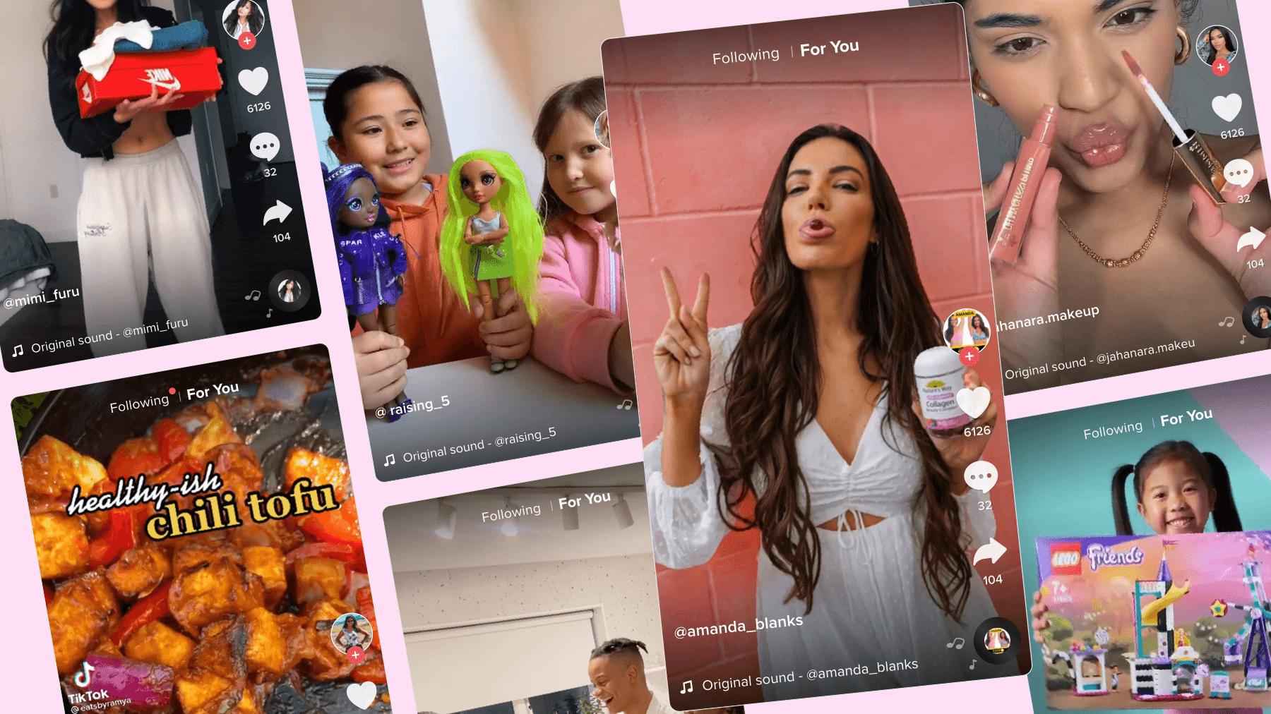 Collage of TikTok influencer videos featuring product promotions and user-generated content for D2C brand marketing