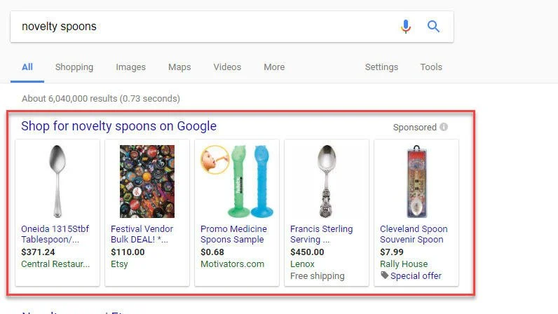 Google search results showing shopping ads for novelty spoons highlighting paid search and eCommerce marketing strategy