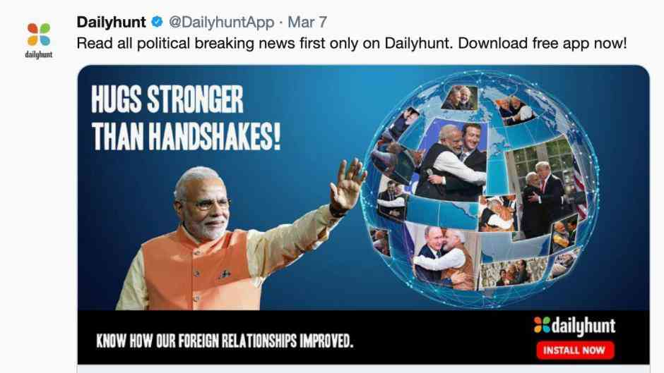 Dailyhunt tweet featuring a political promotional graphic about India's improved foreign relations with text Hugs Stronger Than Handshakes