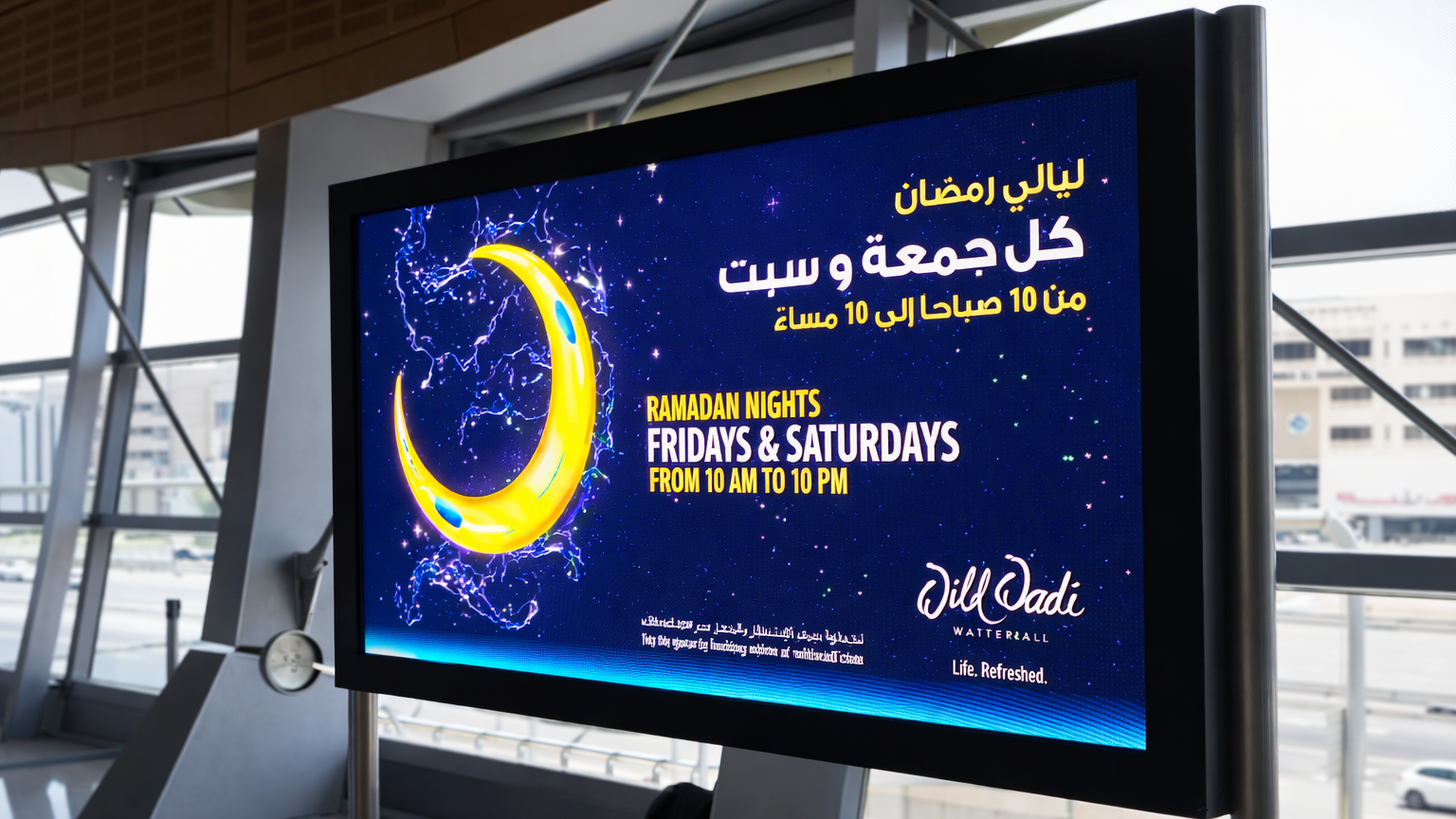Large indoor digital advertising screen at a metro station displaying a Ramadan Nights promotional campaign with Arabic text and crescent moon graphics.