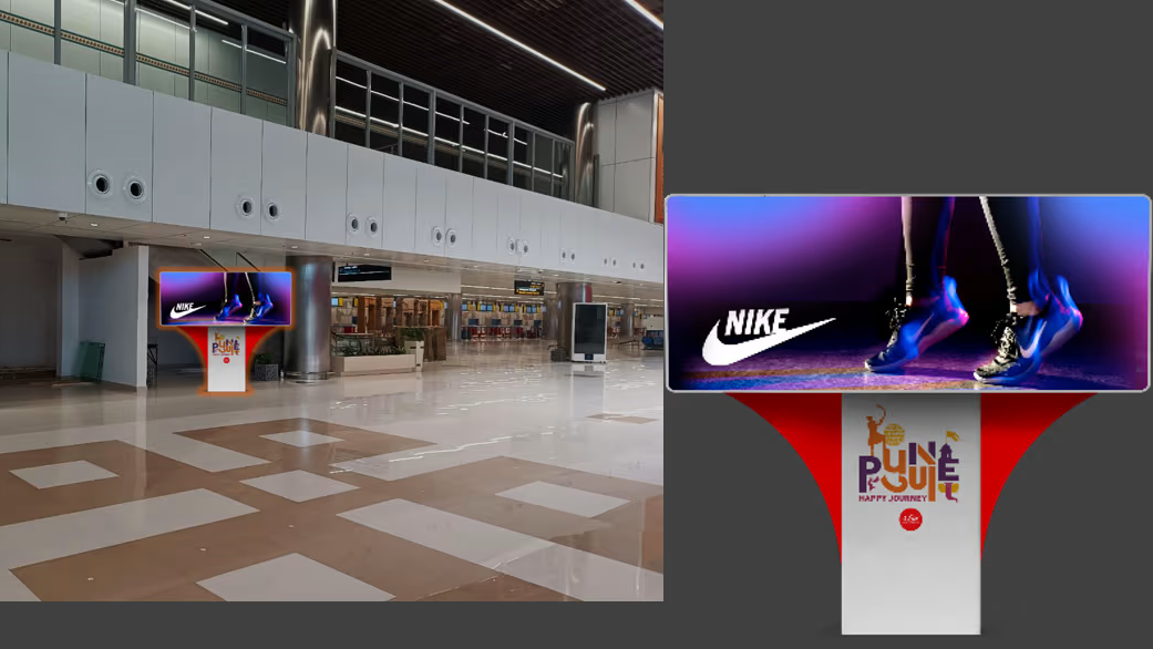Freestanding digital advertising display in an airport terminal promoting Nike sports footwear near an open passenger hall.