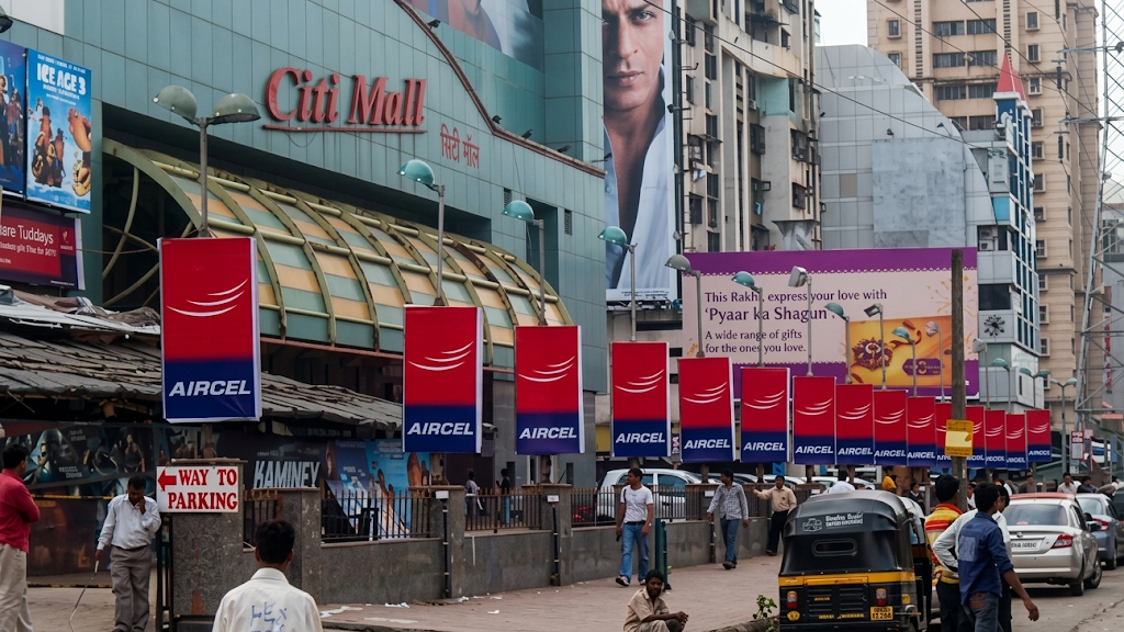 Urban street near a shopping mall lined with multiple Aircel advertising banners placed along the roadside.