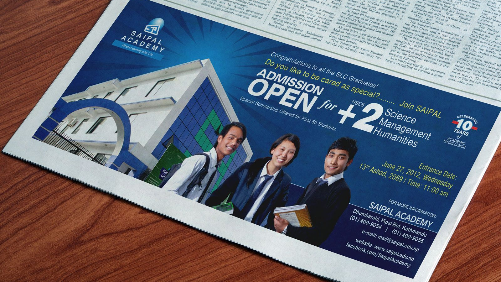 Newspaper advertisement for Saipal Academy announcing admissions open for +2 programs with students and campus visuals.