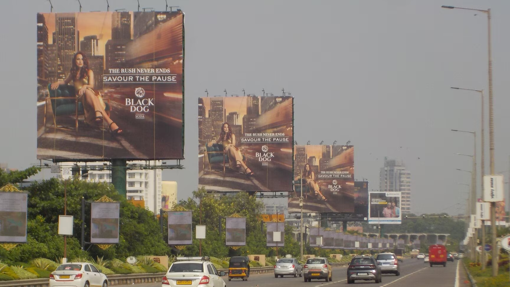 Multiple large-format Black Dog whisky billboards displayed along a busy urban highway with moving traffic and city buildings in the background.
