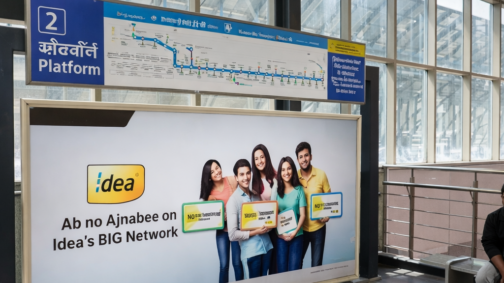 Idea telecom advertisement displayed at metro station platform showing group of young people promoting Idea’s big network connectivity
