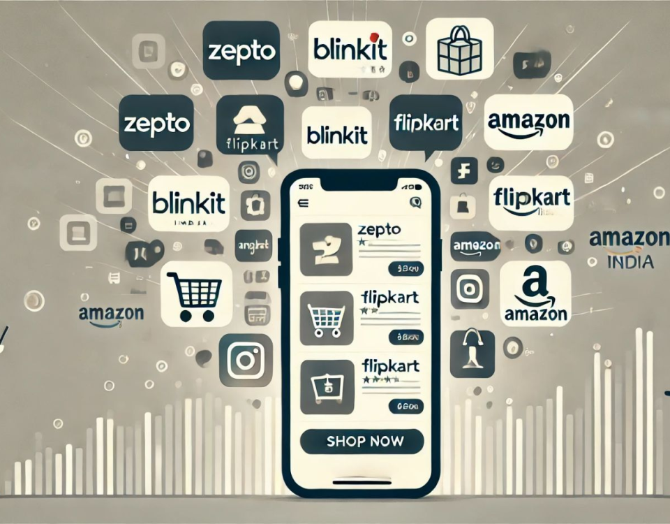 Mobile app ecosystem showcasing quick commerce and ecommerce platforms like Zepto, Blinkit, Flipkart and Amazon with digital shopping interface