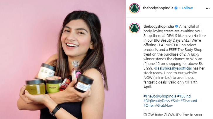 Social media advertisement by The Body Shop featuring skincare products and influencer marketing campaign