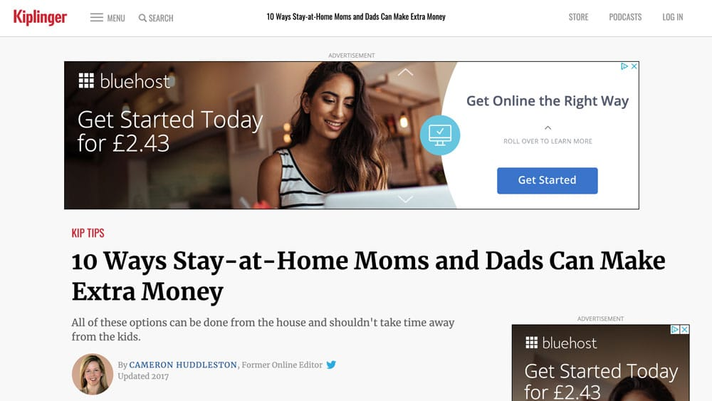 Website page featuring display banner ads promoting Bluehost services alongside editorial content